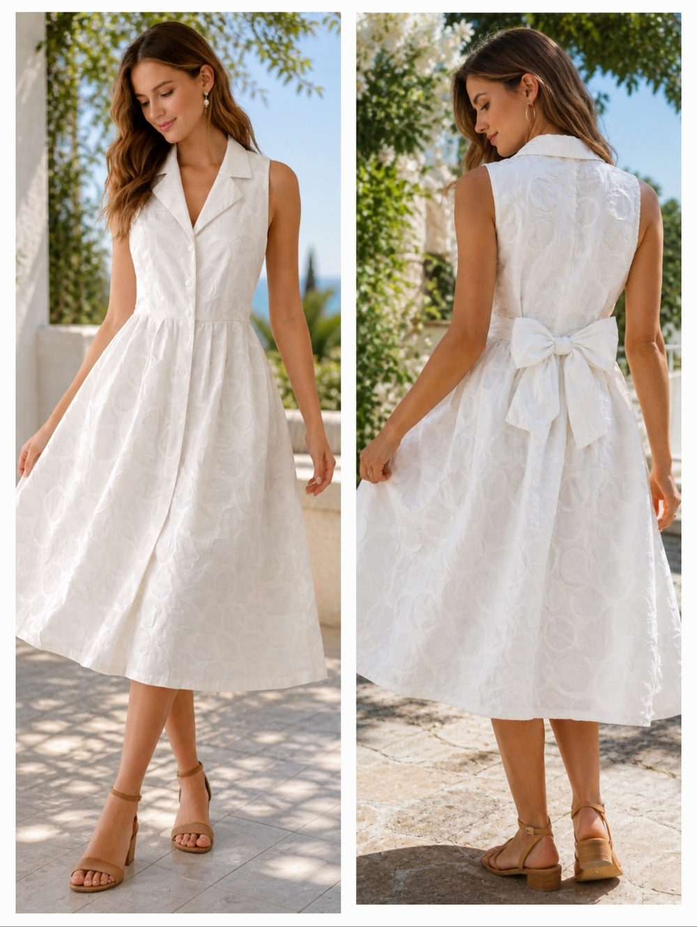 DKNY White COTTON SUMMER Jacquard  Textured SLEEVELESS Bow DRESS Women's Size 4